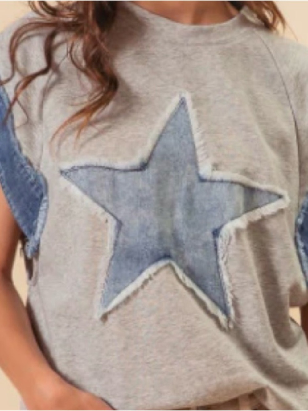 NWT BIBI L French Terry star denim top in heather gray